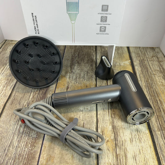 Plasma 110.000 RPM BLDC Hair Dryer W/ Diffuser & Nozzle Magnetic Attachments Gray