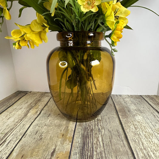 Artificial Yellow & White Floral Arrangement In Amber Glass Vase