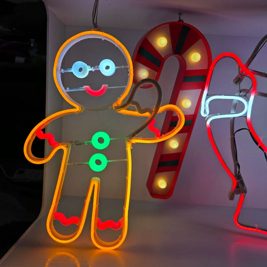 Holiday-Themed Neon Light Display Featuring Gingerbread Man Santa Candy Cane Tree & Star