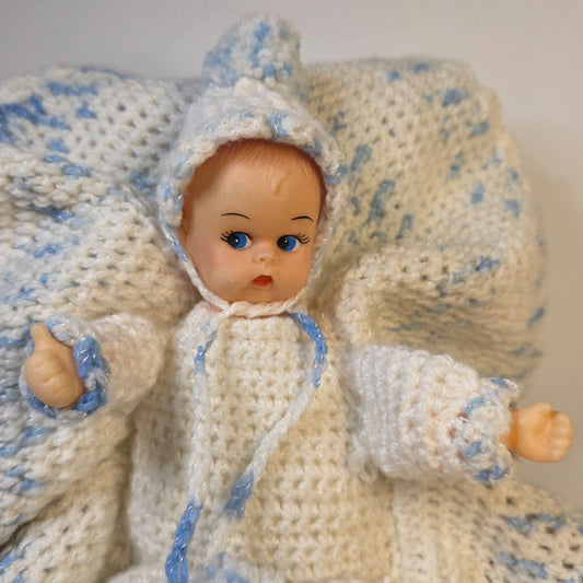 Vintage Handmade Baby Doll With Crochet Outfit & Blanket