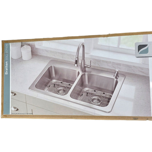 Glacier Bay 33" Double Bowl Dual Mount Kitchen Sink Brushed Stainless Steel Bratten Collection