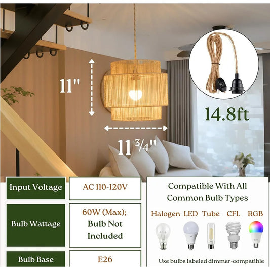 Natural Woven Rattan Pendant Light With 14.8ft Cord & Dimmer Switch 11" Diameter Boho Chic Hanging Lamp For Indoor Spaces