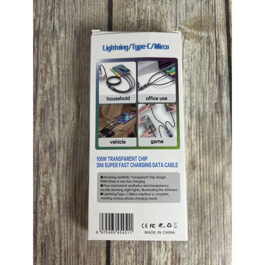 100W Super Fast Charging Cable 3 In 1 Lightning/Type-C/Micro USB With Transparent Chip Design TDA-218