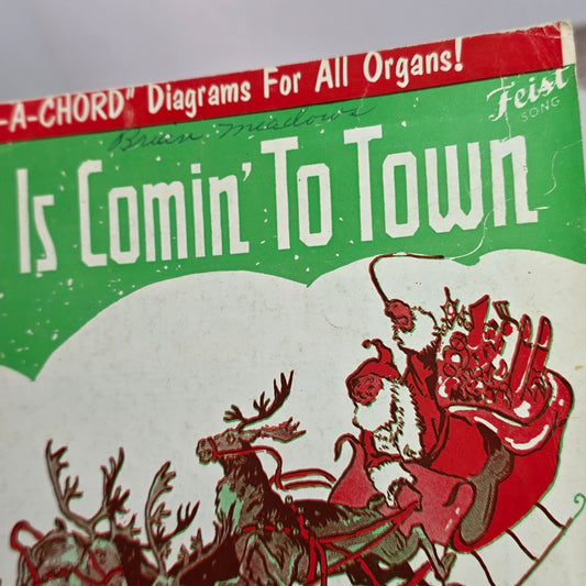 Vintage 1950s "Santa Claus Is Comin To Town" Sheet Music For Organ