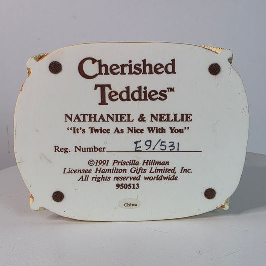 Vintage 1991Cherished Teddies Figurine Nathaniel & Nellie, Priscilla Hillman, Resin 3" Tall