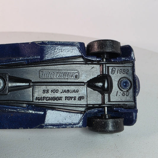 1982 Matchbox 1/50th Scale SS 100 Jaguar Die-Cast Model Car Navy/Silver