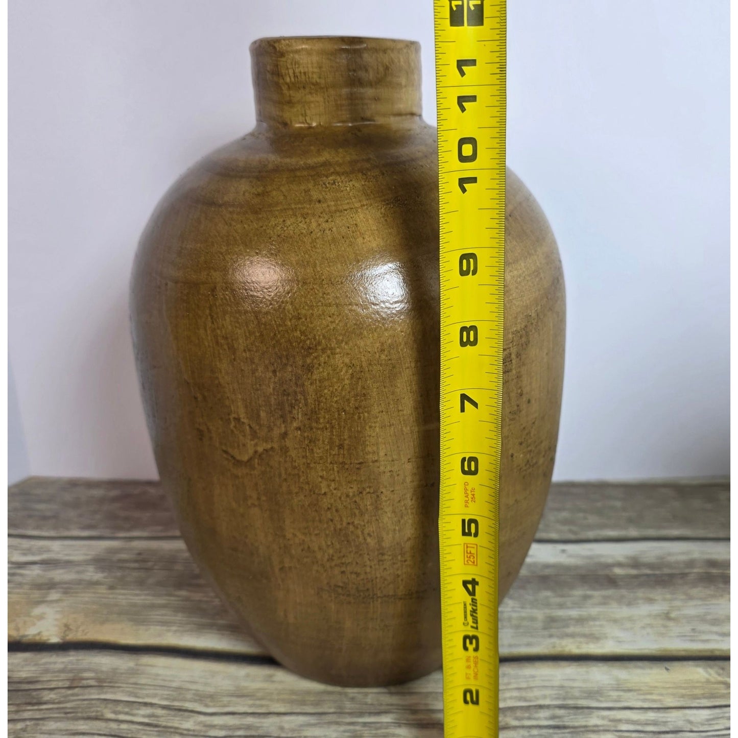 Large 12 Inch Decorative Wood Vase Rustic Farmhouse Accent Gold & Brown Tones