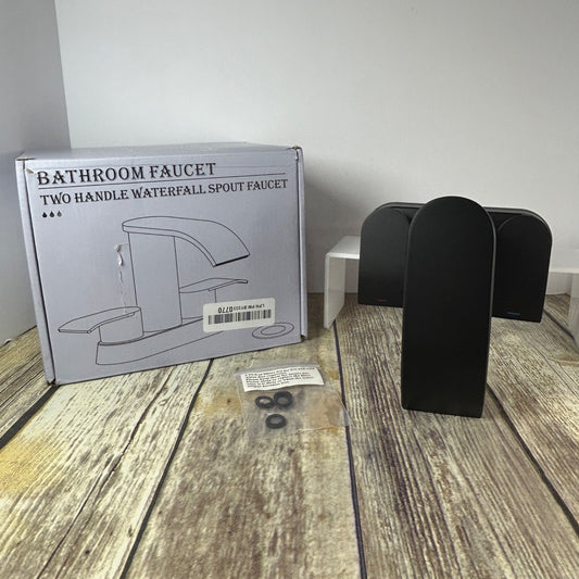 Two Handle Waterfall Bathroom Faucet Matte Black With Metal Pop-Up Drain Stopper