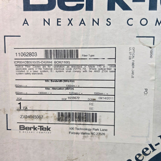 Berk-Tek Tight-Buffer Fiber Optic Cable Plenum White 1100 Ft Reel-In Box UL Listed