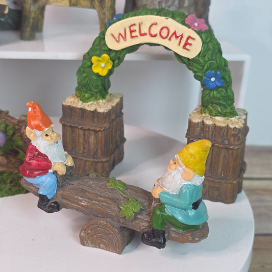 Vintage Enchanted Woodland Gnome Fairy Garden Miniature Landscape Decor Set With Welcome Arch