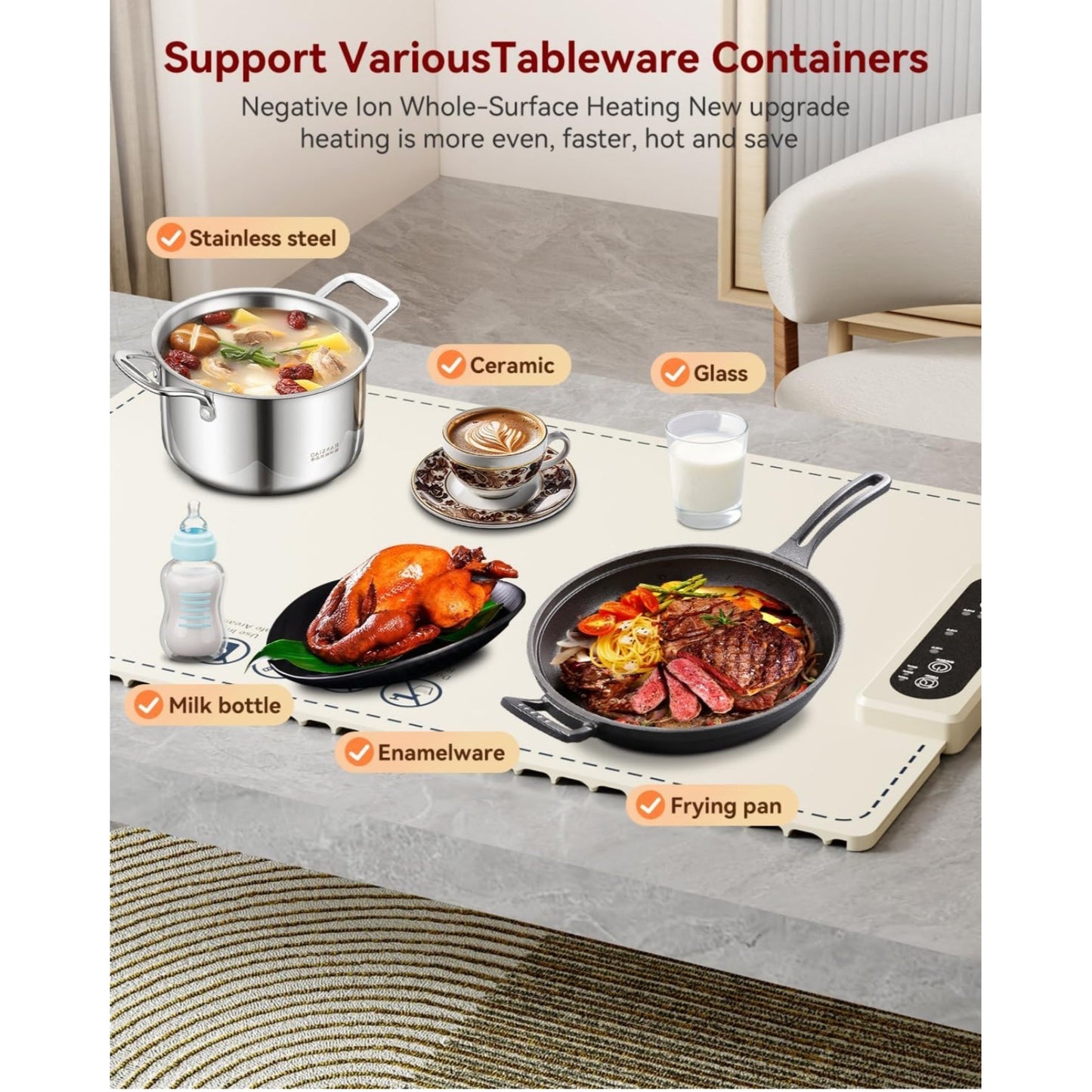 Electric Food Warming Mat With Adjustable Heat Settings & Non-Slip Surface