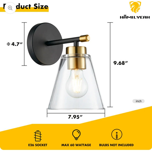 Hamilyeah Black & Gold Wall Sconce Set With Clear Glass Shades 60W Max E26 Socket 9.68" Height