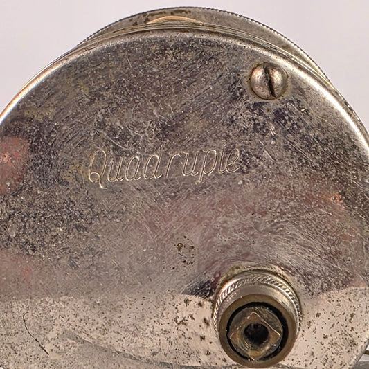 Vintage Quadruple Fishing Reel Silver-Tone Metal & Multi-Color Line 2.5" Diameter