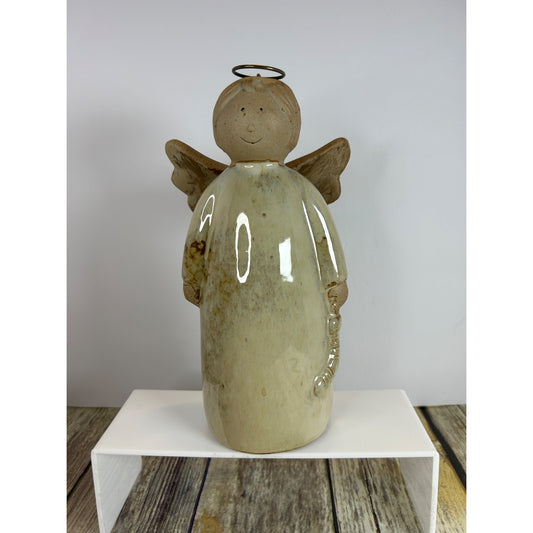 Rustic Earthenware Angel Figurine 10" Handcrafted Primitive Stoneware With Halo & Wings