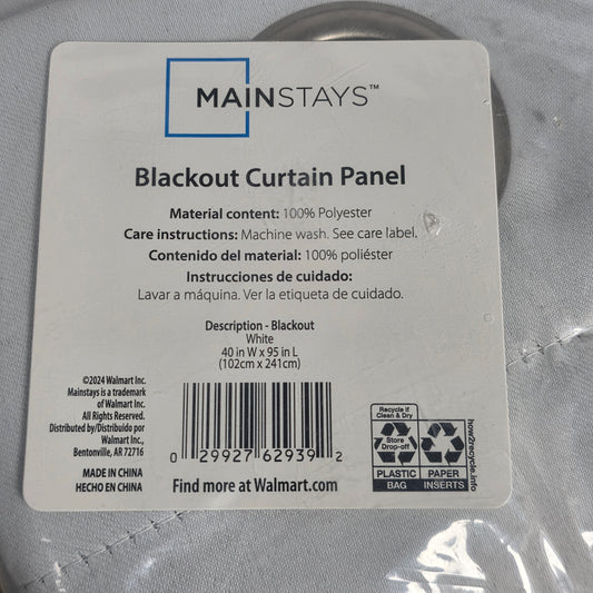 NWT New Mainstays Blackout Curtain Panel White 40x95"L