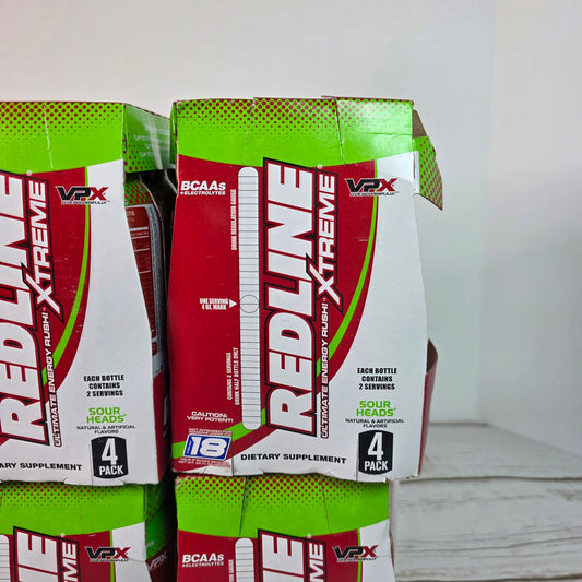 New REDLINE Xtreme Ultimate Energy Rush Dietary Supplement Sour Heads 16, 8oz bottles (4,4 packs) - RARE FLAVOR!! DISCONTINUED!!
