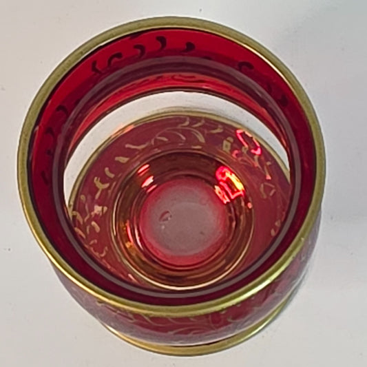 Ruby Red Cranberry Bohemian Czech Flashed Glass Goblet With Gold Filigree Vintage 5 Oz