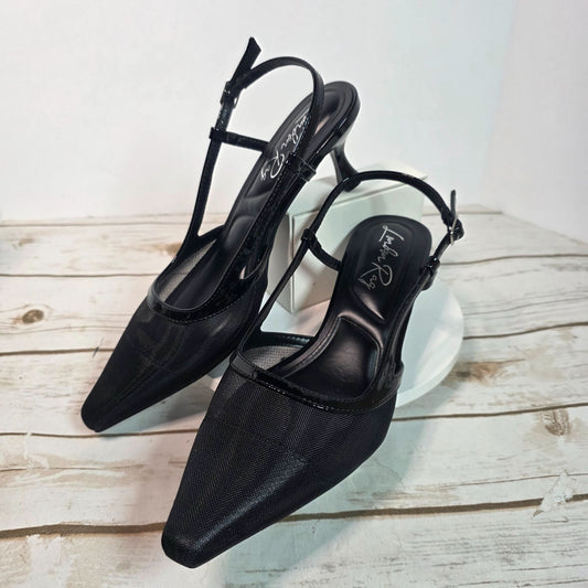 London Rag Black Slingback Mesh Axton Kitten Heels With Patent Trim Womens Shoes Size 5 Elegant Design