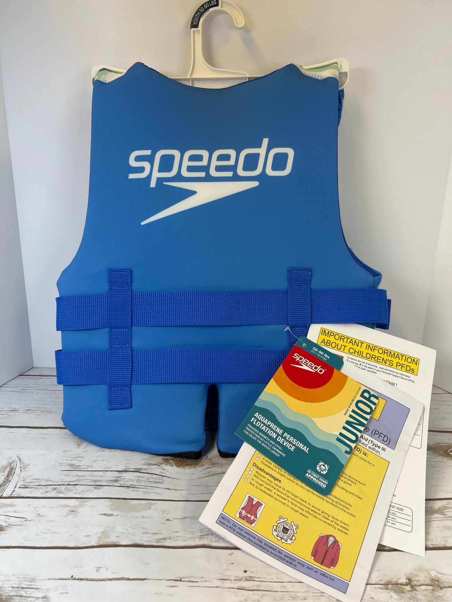 NWT New Speedo Youth PFD Life Jacket Vest Blue Sketch Stripe. 50-90 lbs