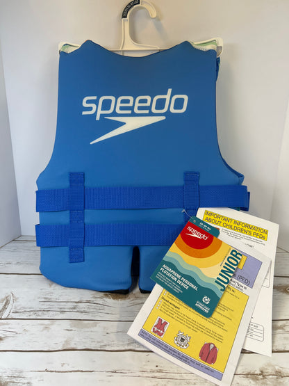 NWT New Speedo Youth PFD Life Jacket Vest Blue Sketch Stripe. 50-90 lbs
