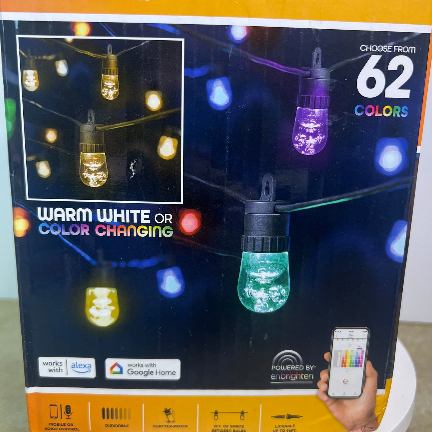 Eco Scapes Wi-Fi LED Shatterproof Cafe Lights 12 Bulbs 24 Feet 62 Colors