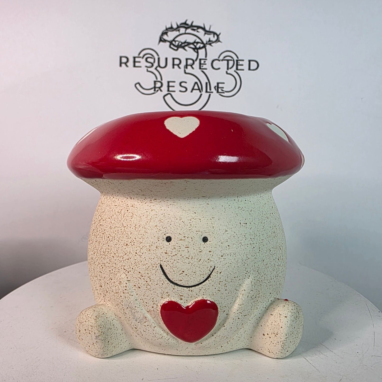BELAVI Valentines Day Ceramic Mushroom Shaped Planter With Red & White Heart Design
