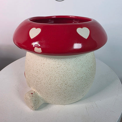 BELAVI Valentines Day Ceramic Mushroom Shaped Planter With Red & White Heart Design
