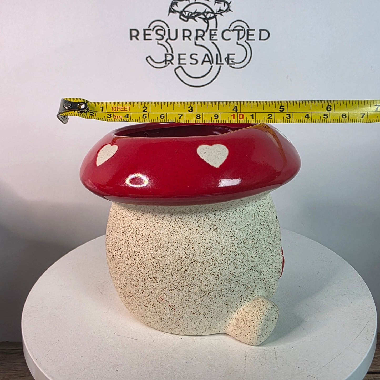 BELAVI Valentines Day Ceramic Mushroom Shaped Planter With Red & White Heart Design