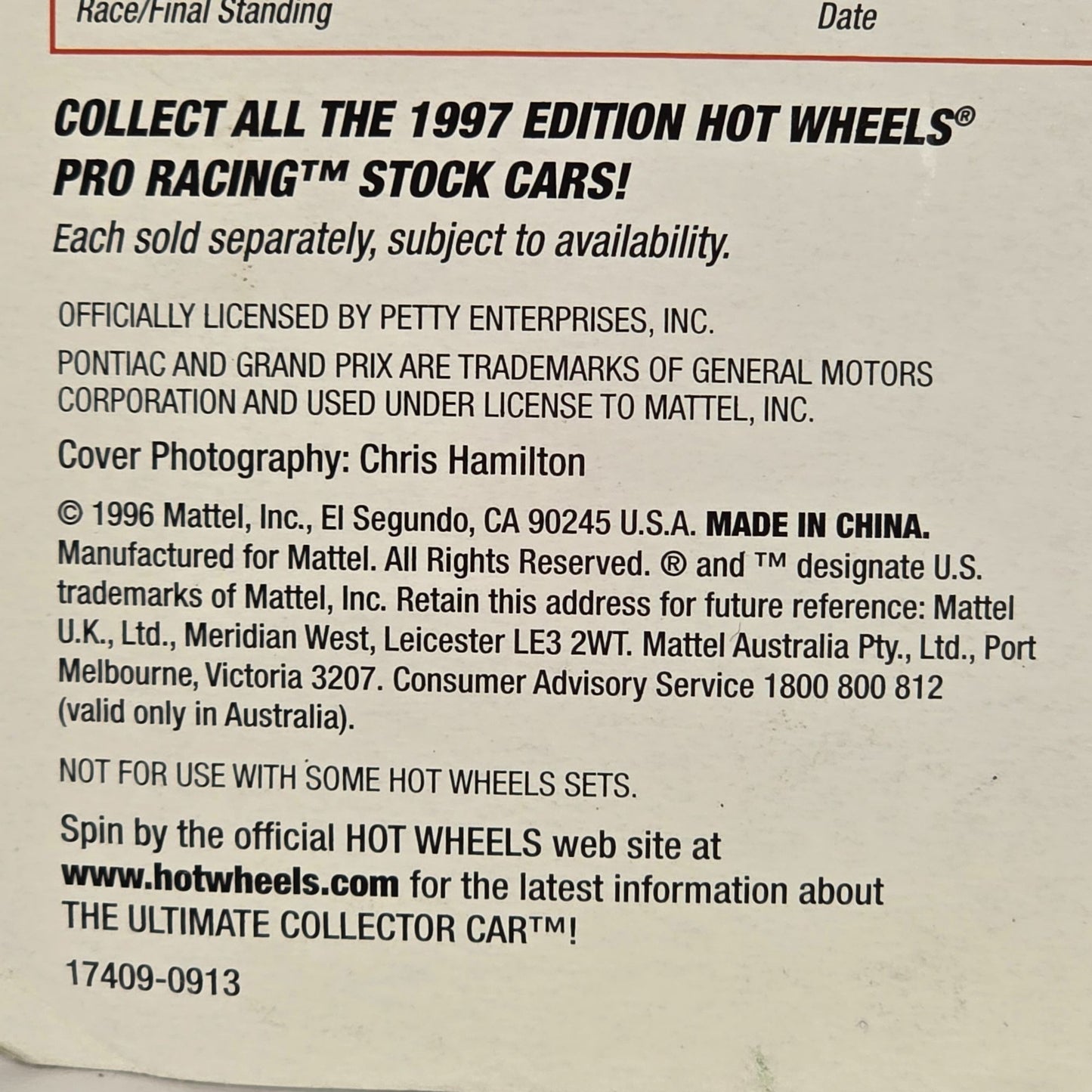 Hot Wheels Pro Racing Bobby Hamilton 1997 Die-Cast Car 1:64 Scale Superspeedway Edition Limited Edition