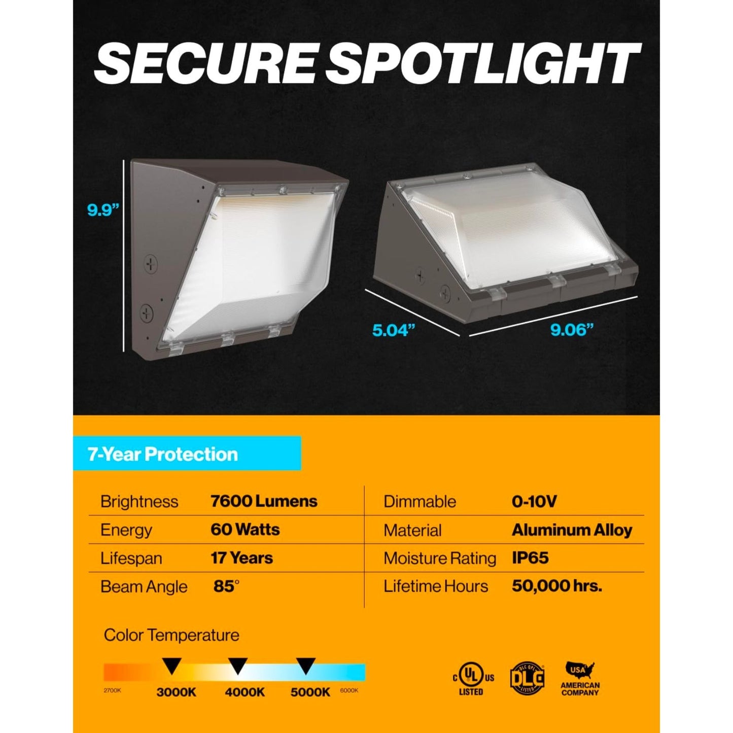 Outdoor LED Wall Pack Light Sunco 7600 Lumens 60W Aluminum Polycarbonate Dimmable 0-10V 17-Year Lifespan IP65 Brown