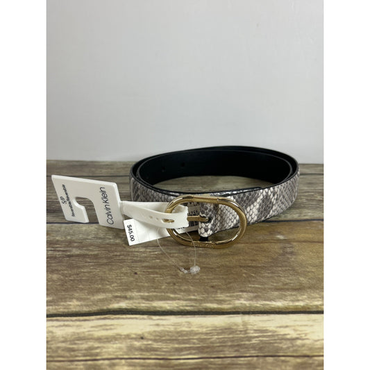 Calvin Klein Womens Snake Print Belt With Gold Buckle Synthetic Leather Size S Black/Gray