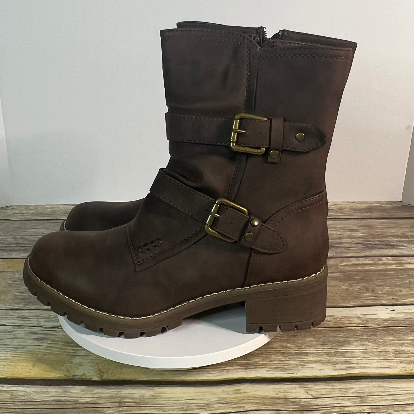 New GLOBALWIN Women’s Brown Faux Leather Mid Calf Biker Boots Size 9 Style 19YY19-3