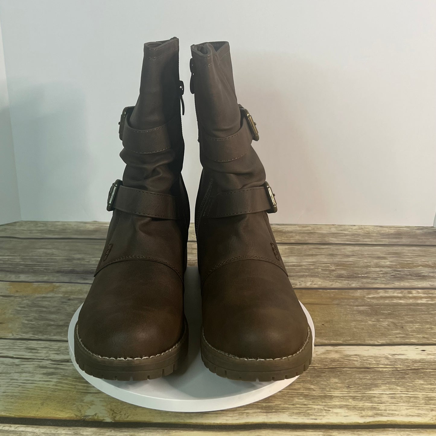 New GLOBALWIN Women’s Brown Faux Leather Mid Calf Biker Boots Size 9 Style 19YY19-3