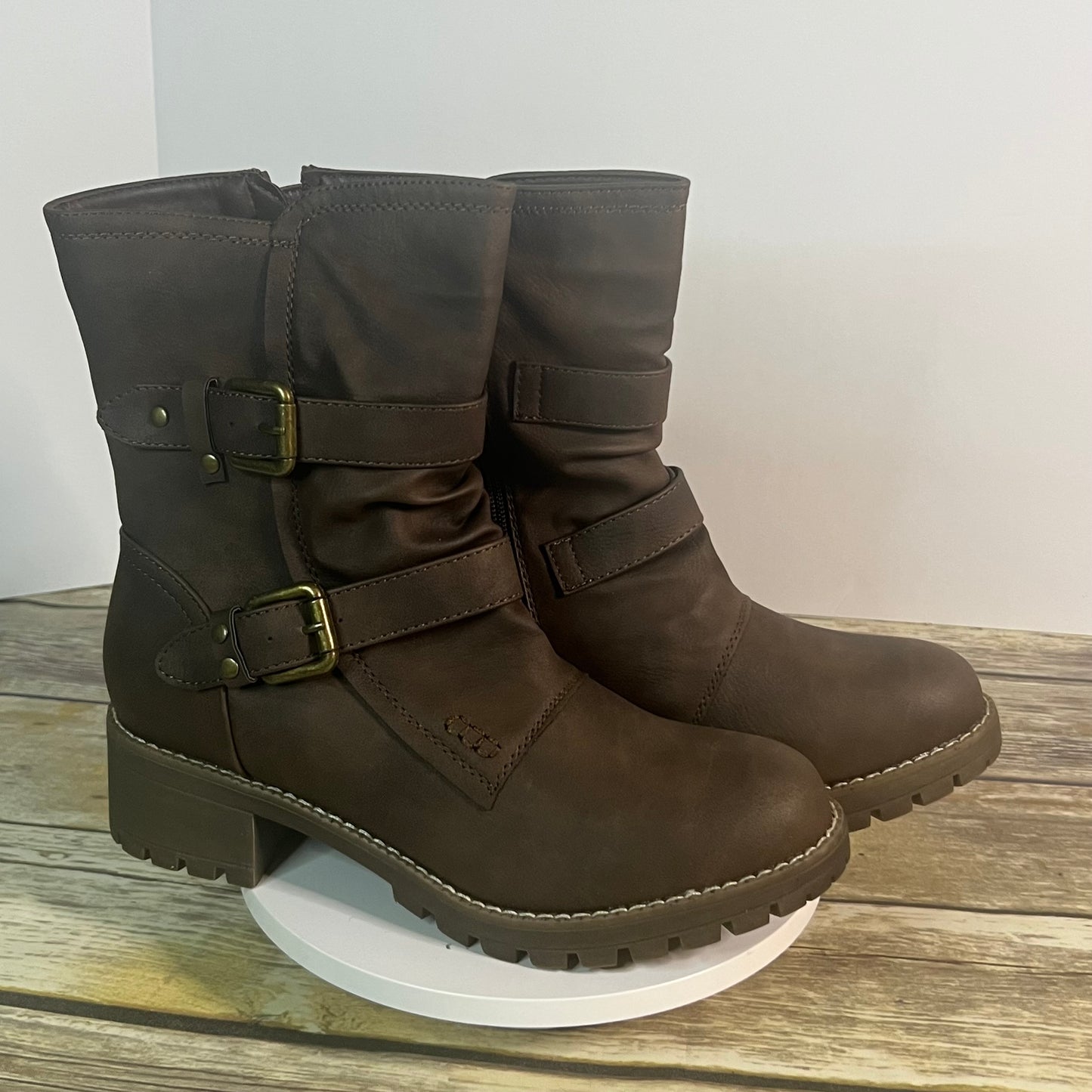 New GLOBALWIN Women’s Brown Faux Leather Mid Calf Biker Boots Size 9 Style 19YY19-3