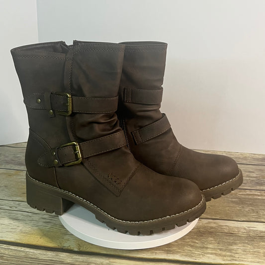 New GLOBALWIN Women’s Brown Faux Leather Mid Calf Biker Boots Size 9 Style 19YY19-3