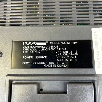 Vintage 1989 IMA 5.5” Hi-Tech Portable Television Black & White TV 55RWB