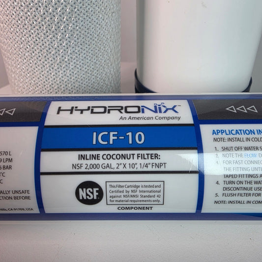 Hydronix ICF-10 Inline Coconut Filter NSF 2000 Gal 2 X 10 1/4 FNPT Chlorine Odor Reduction