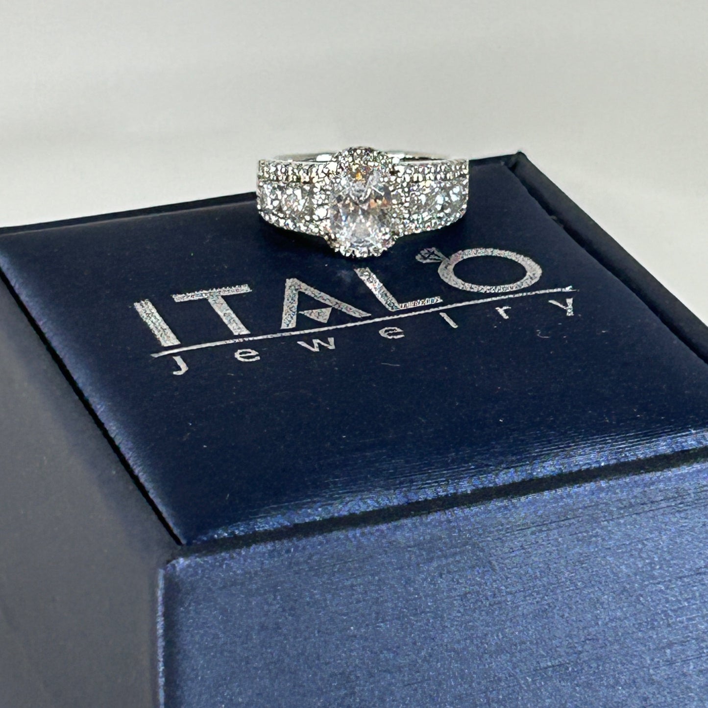 Italo Halo Half Eternity Multi Row Oval Cut Bridal Wedding Ring