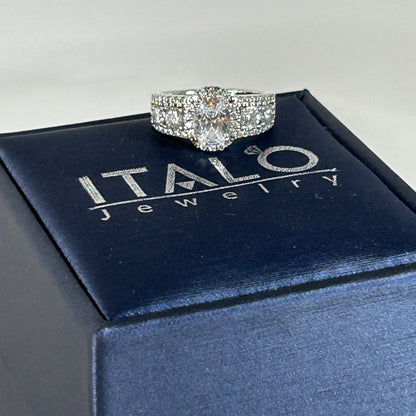 Italo Halo Half Eternity Multi Row Oval Cut Bridal Wedding Ring