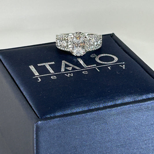 Italo Halo Half Eternity Multi Row Oval Cut Bridal Wedding Ring