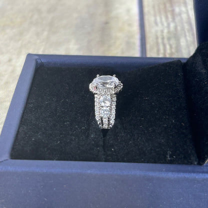 Italo Halo Half Eternity Multi Row Oval Cut Bridal Wedding Ring