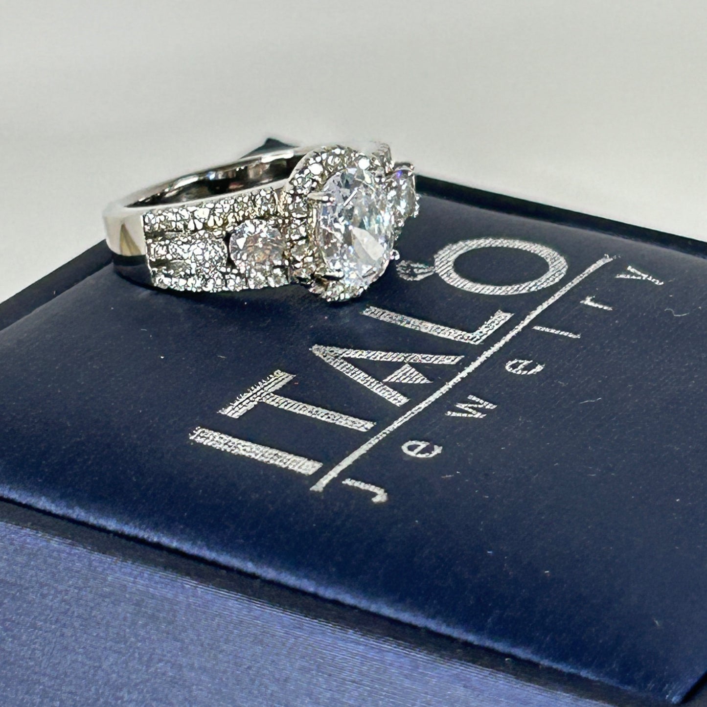 Italo Halo Half Eternity Multi Row Oval Cut Bridal Wedding Ring