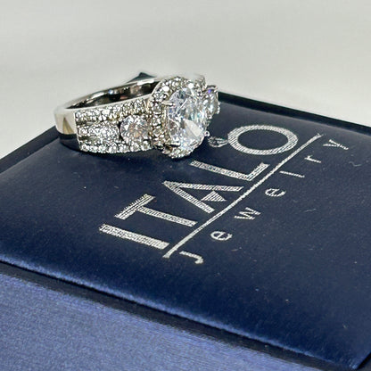 Italo Halo Half Eternity Multi Row Oval Cut Bridal Wedding Ring