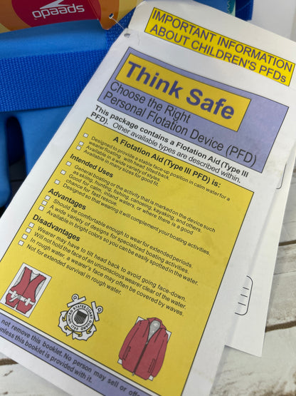 NWT New Speedo Youth PFD Life Jacket Vest Blue Sketch Stripe. 50-90 lbs