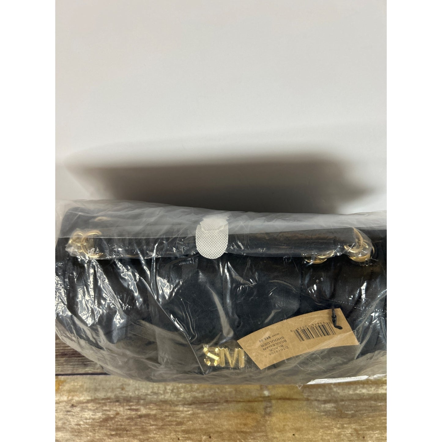 Steve Madden Coleman Black Quilted Shoulder Bag With Gold Monogram Detail & Chain Strap