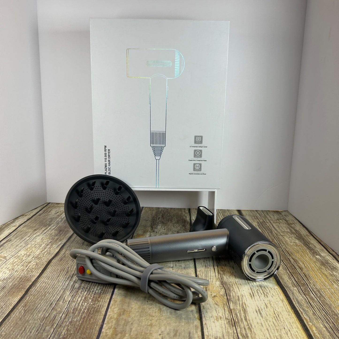 Plasma 110.000 RPM BLDC Hair Dryer W/ Diffuser & Nozzle Magnetic Attachments Gray