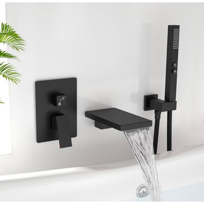 Hoimpro Wall Mount Bathtub Faucet Set With Waterfall Tub Spout & Handheld Sprayer Matte Black