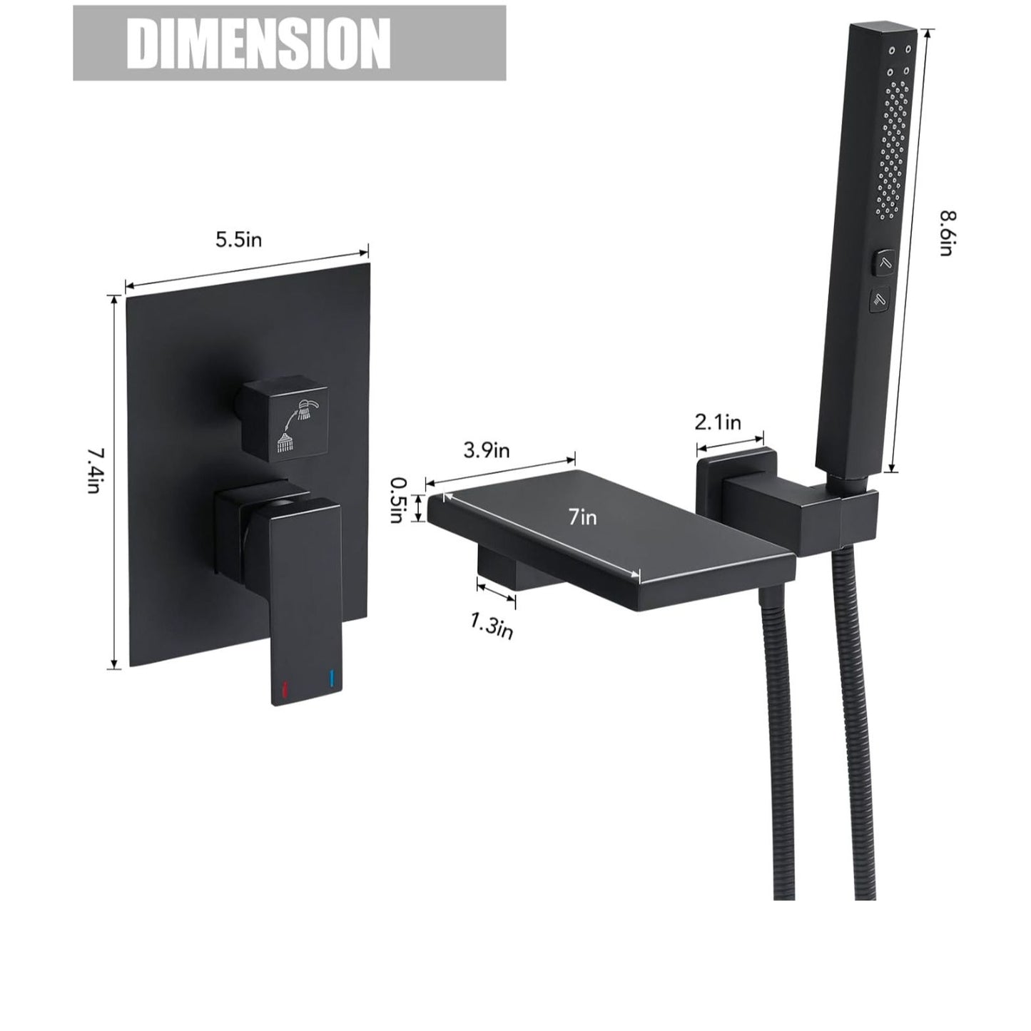 Hoimpro Wall Mount Bathtub Faucet Set With Waterfall Tub Spout & Handheld Sprayer Matte Black