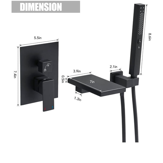 Hoimpro Wall Mount Bathtub Faucet Set With Waterfall Tub Spout & Handheld Sprayer Matte Black