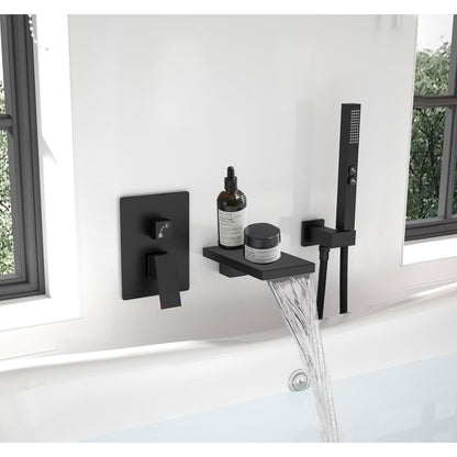 Hoimpro Wall Mount Bathtub Faucet Set With Waterfall Tub Spout & Handheld Sprayer Matte Black